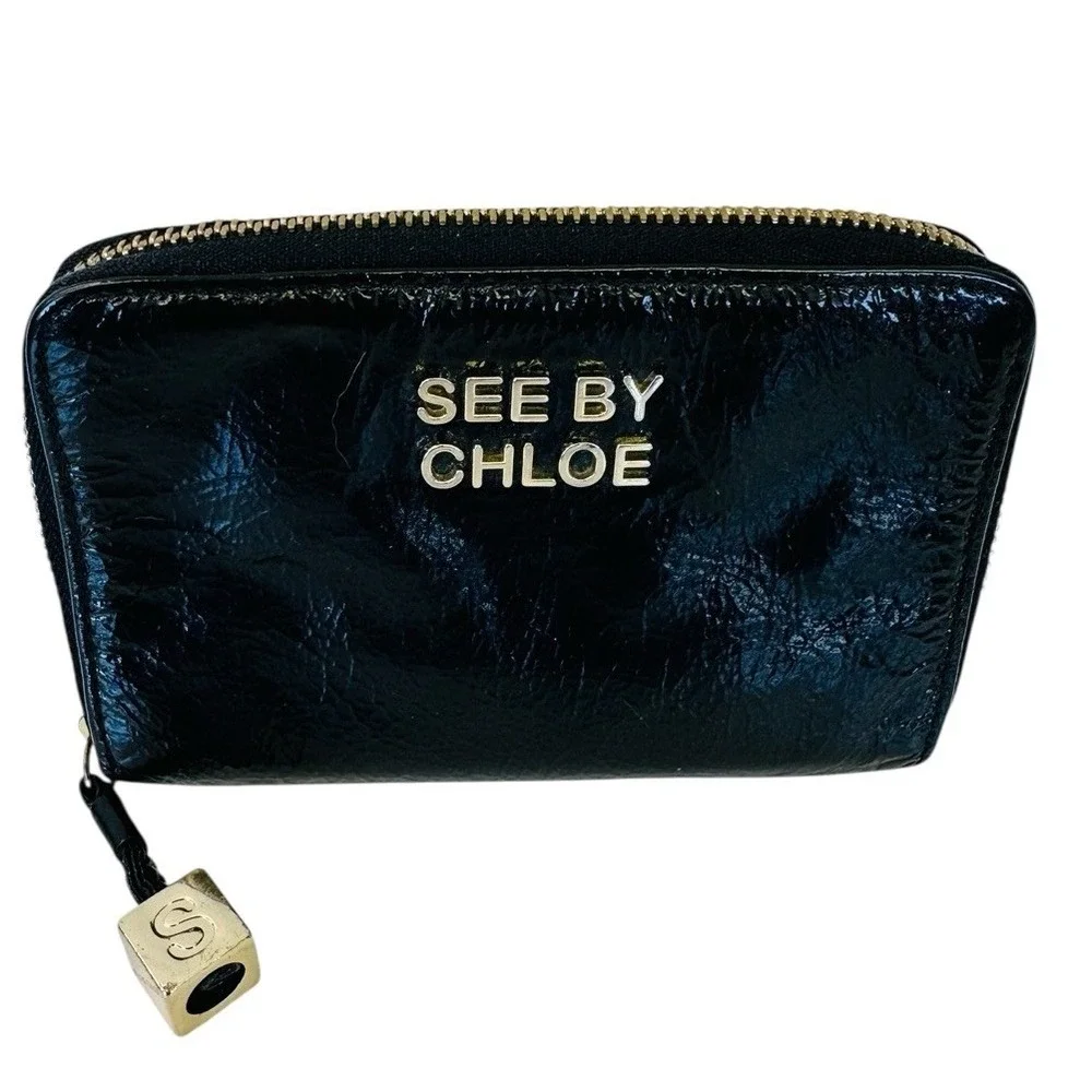 See By Chloe Black Leather  Zip Around Compact Wallet 6 Card Holder Snap Closure